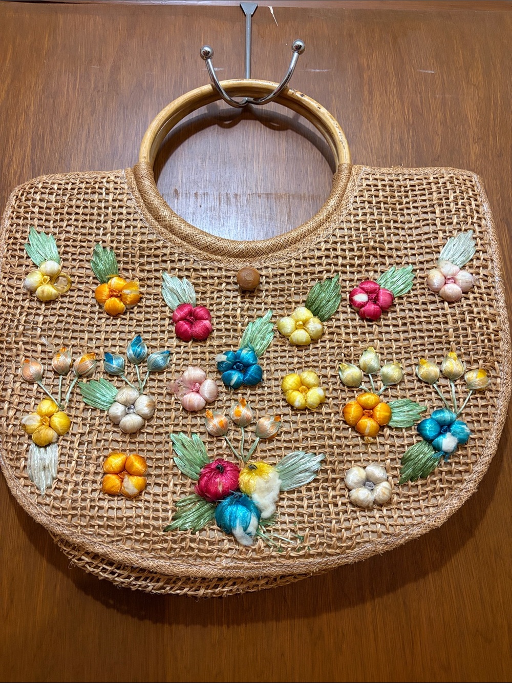 Embroidered Straw Tote Bag with Wooden Handles - Multicolor Floral